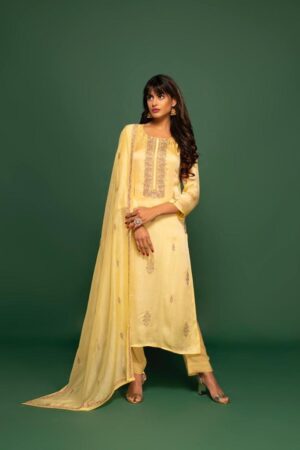 My Fashion Road Naariti Viniti Organza Satin Pant Style Dress Material | Yellow