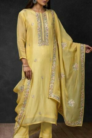 My Fashion Road Naariti Ruha Organza Pant Style Dress Material | Yellow